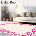 Ornate Pink Floral Scrollwork Border Rug