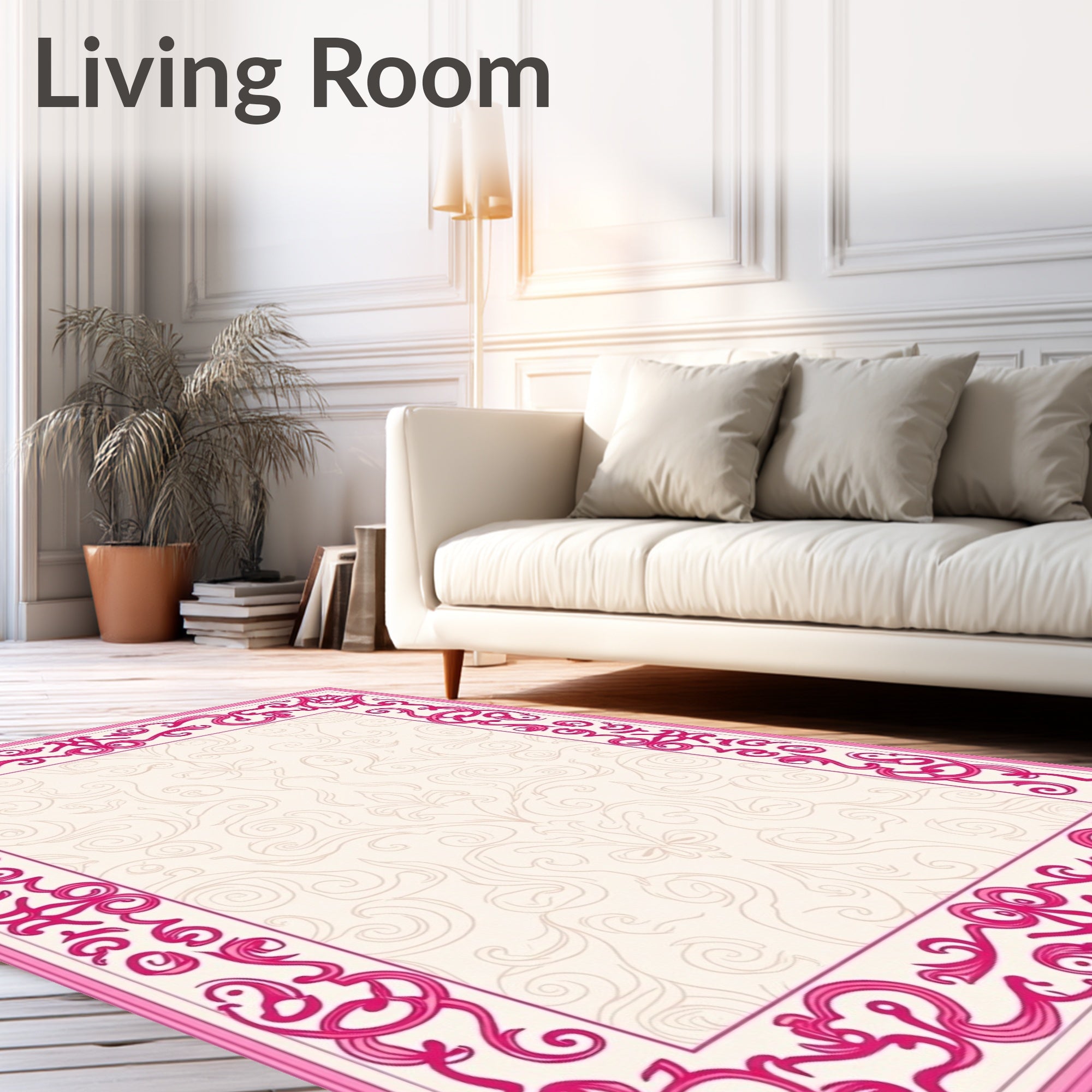 Ornate Pink Floral Scrollwork Border Rug