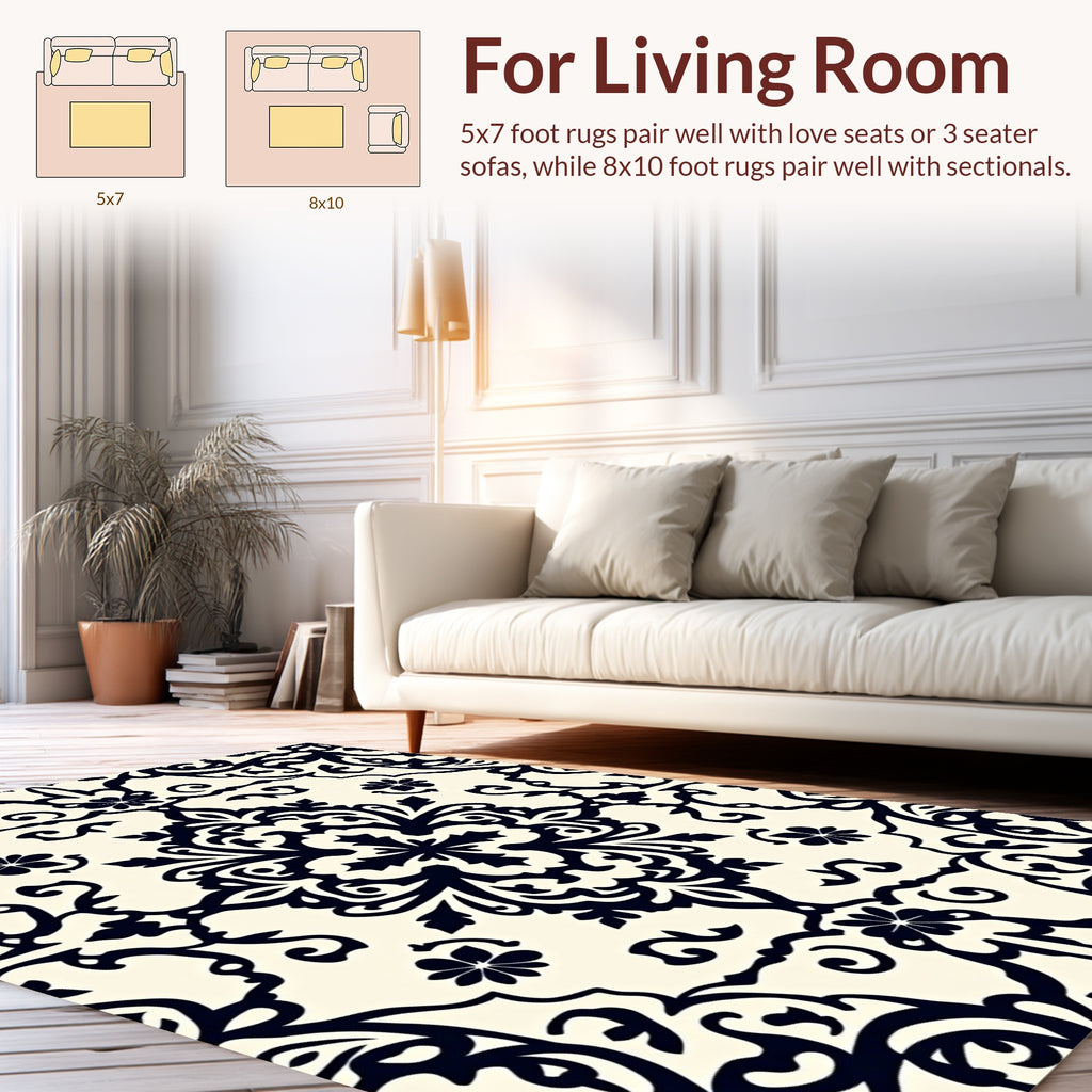 Classic Black Floral Damask Pattern Rug