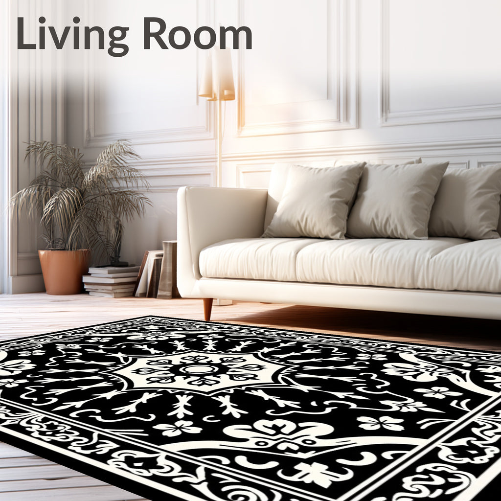 Classic Black White Floral Medallion Design Rug
