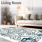 Ornate Dark Navy Scroll Pattern Rug