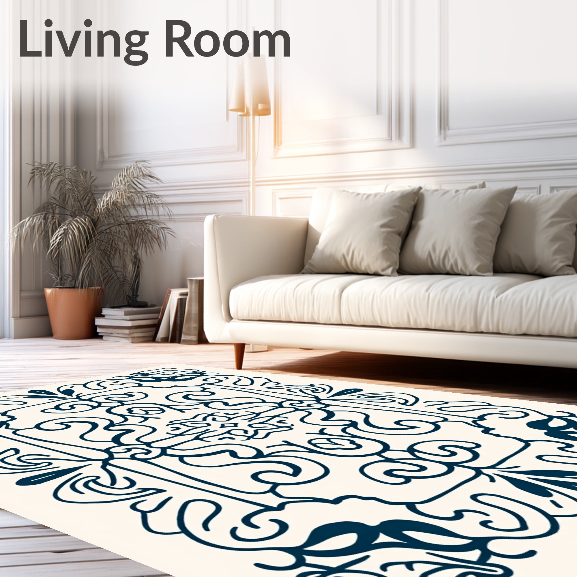 Ornate Dark Navy Scroll Pattern Rug