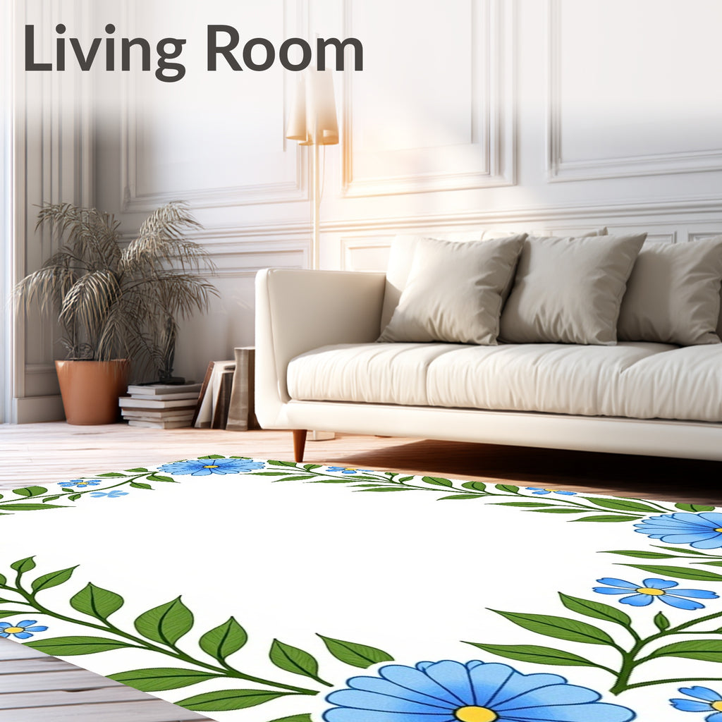 Blue Daisy Floral Vine Border Design Rug