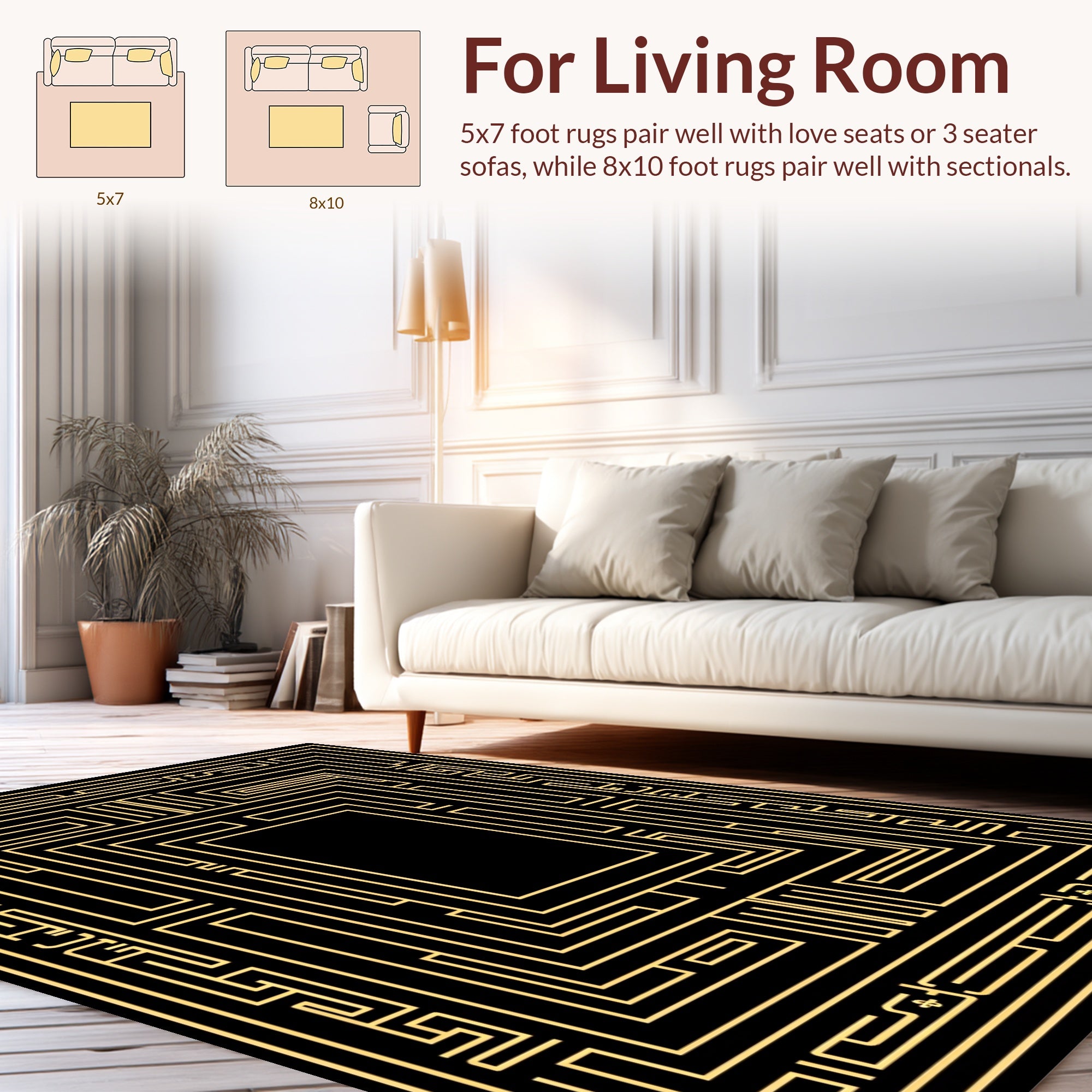 Black Gold Geometric Maze Pattern Rug