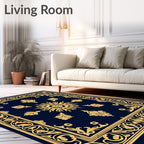 Elegant Gold Floral Dark Blue Rug