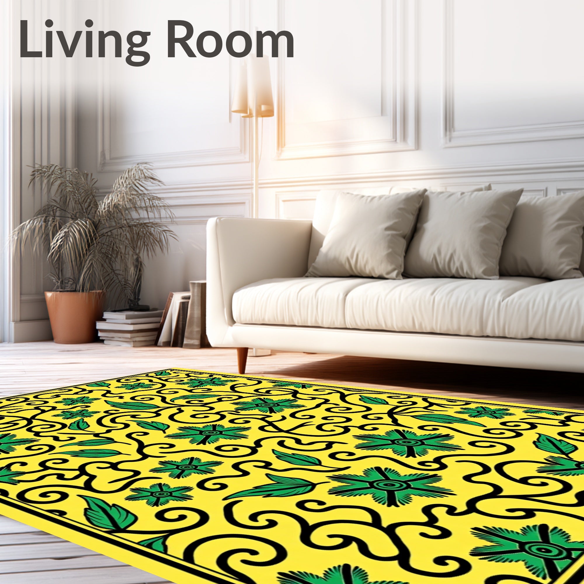 Vibrant Yellow Green Vine Pattern Rug