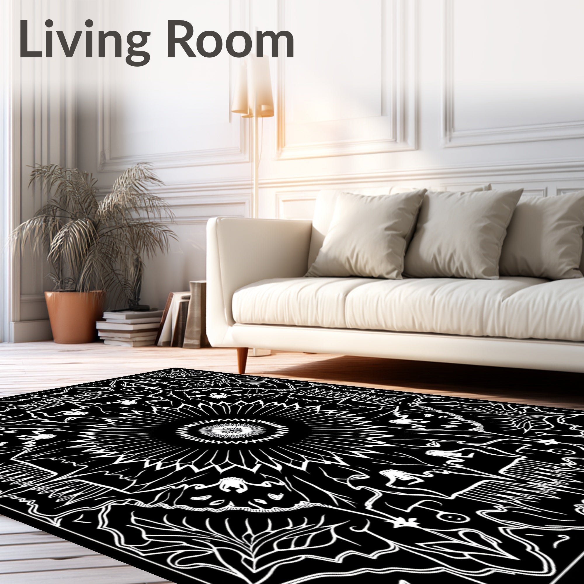Monochromatic Floral Mandala Pattern Rug