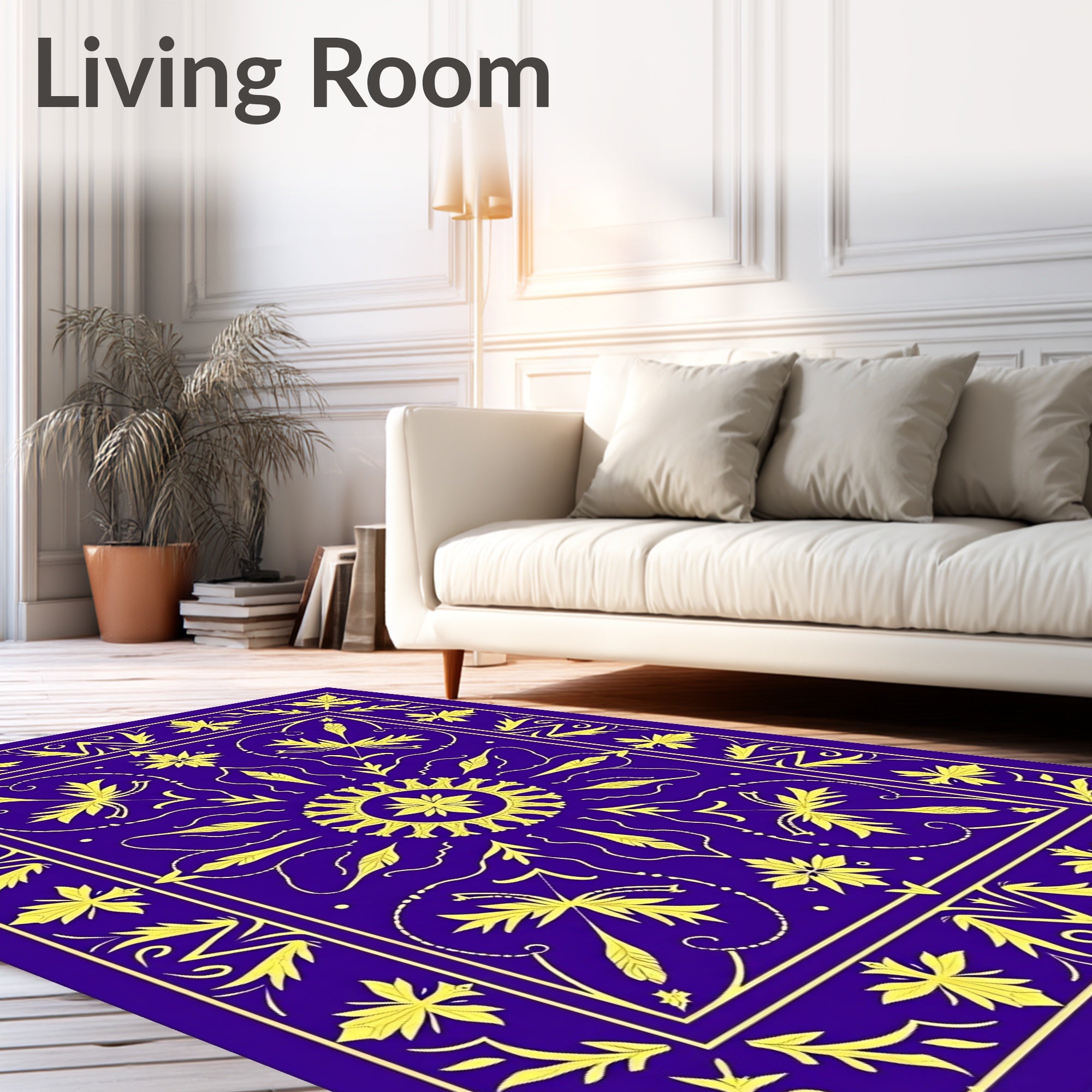 Royal Blue Yellow Floral Medallion Design Rug