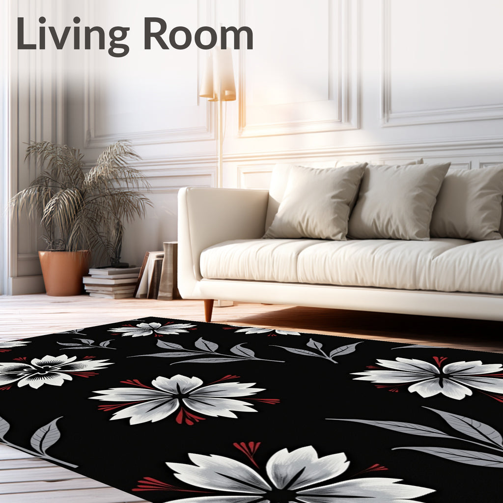 Chic Black Floral And Leaf Design Rug
