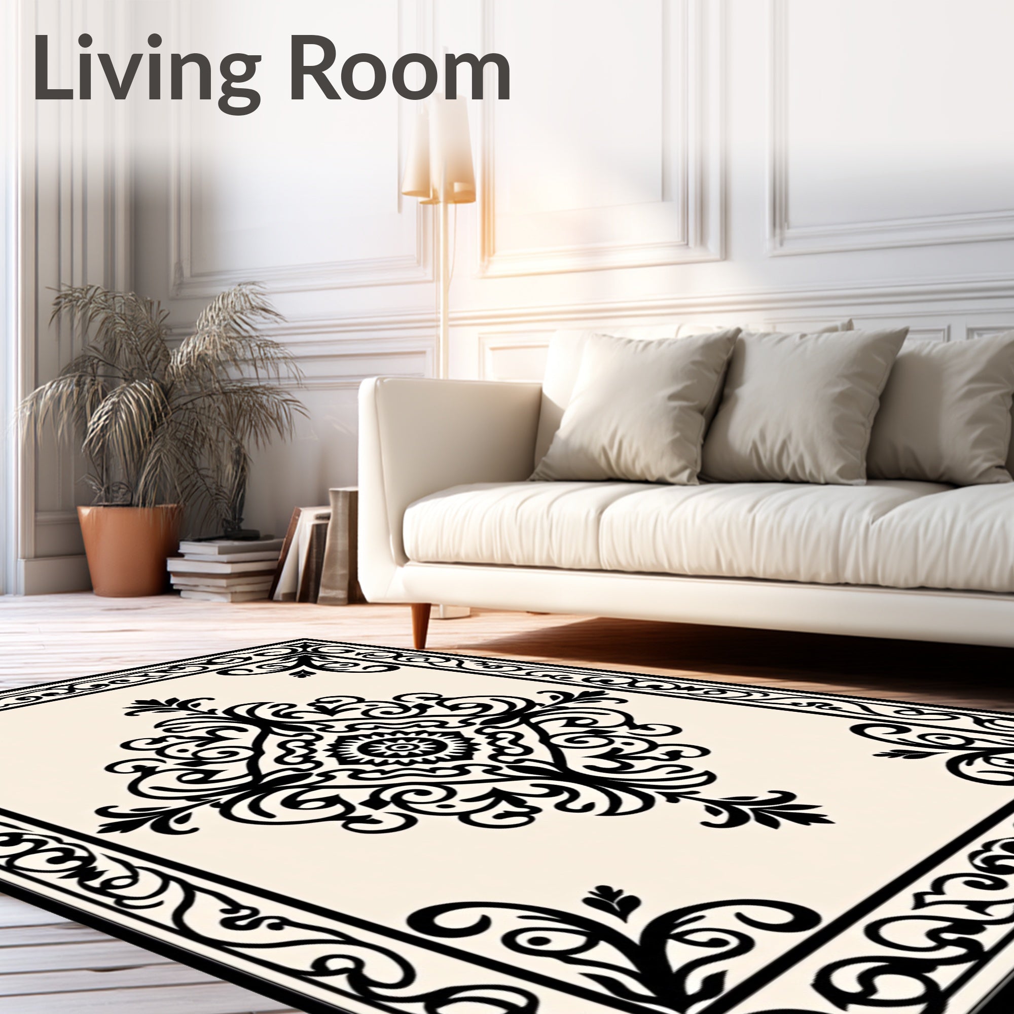 Classic Black White Floral Frame Rug