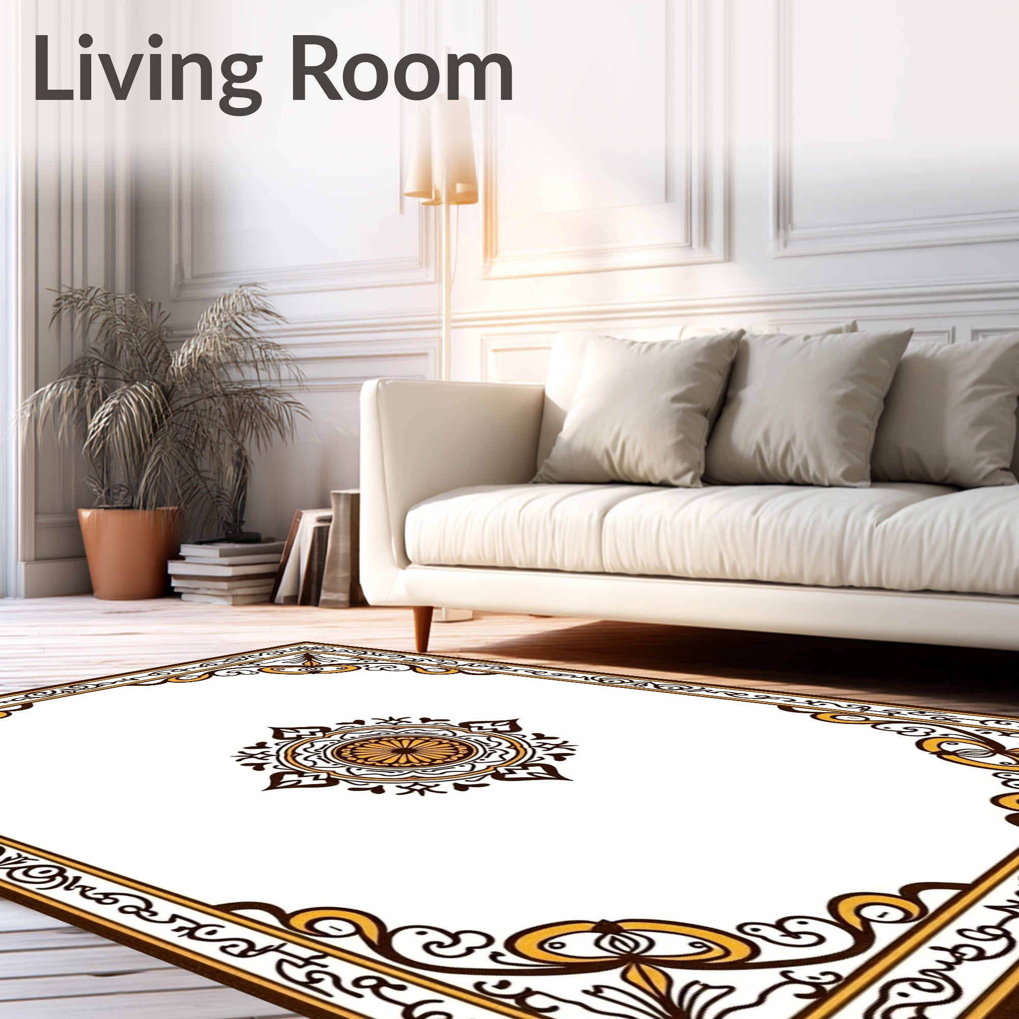Ornate Brown and Gold Mandala Border Rug