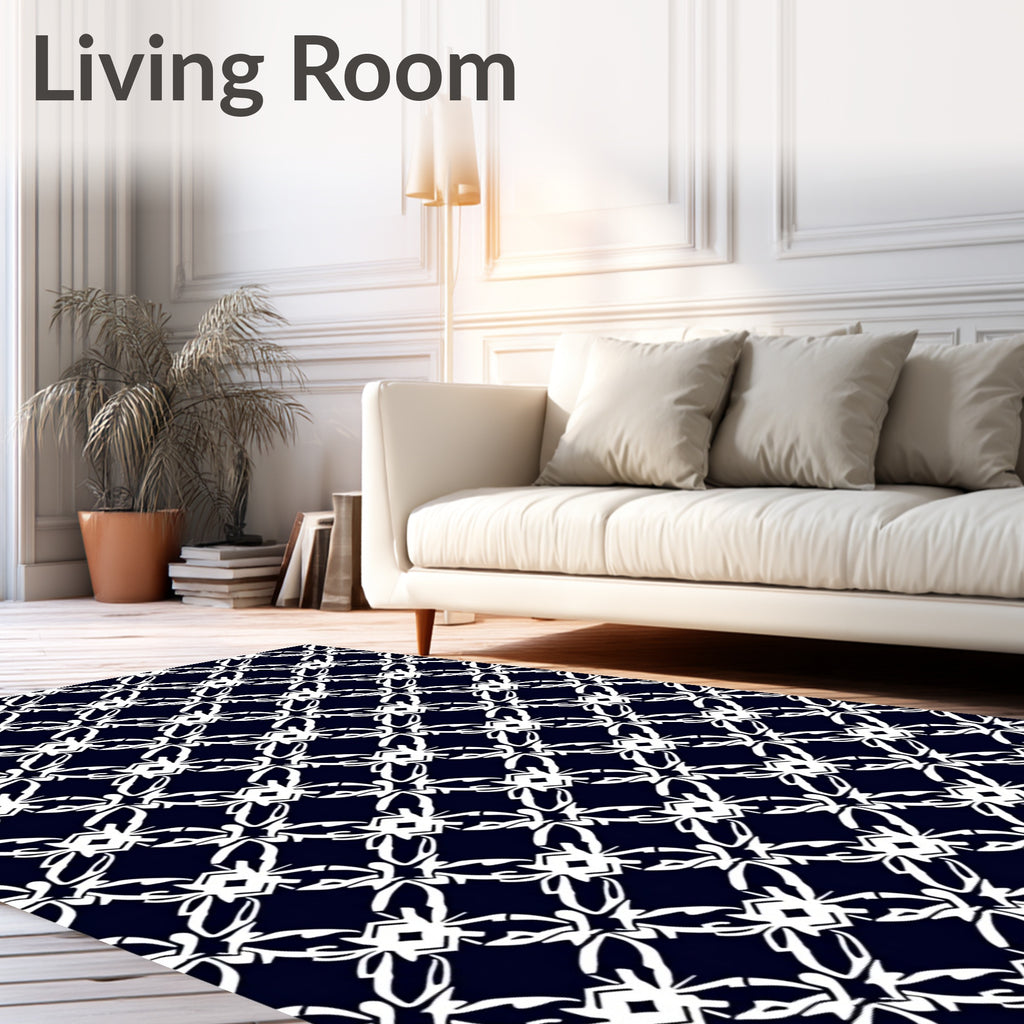 Navy White Elegant Floral Lattice Pattern Rug