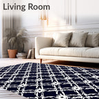 Navy White Elegant Floral Lattice Pattern Rug