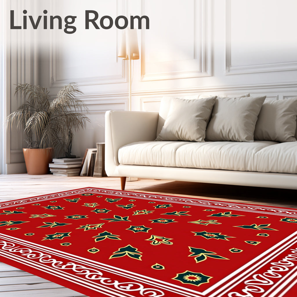 Red Starburst And Leaf Pattern Design Rug