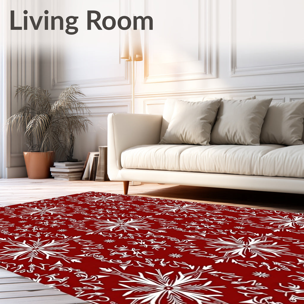 Intricate White Snowflake Red Design Rug