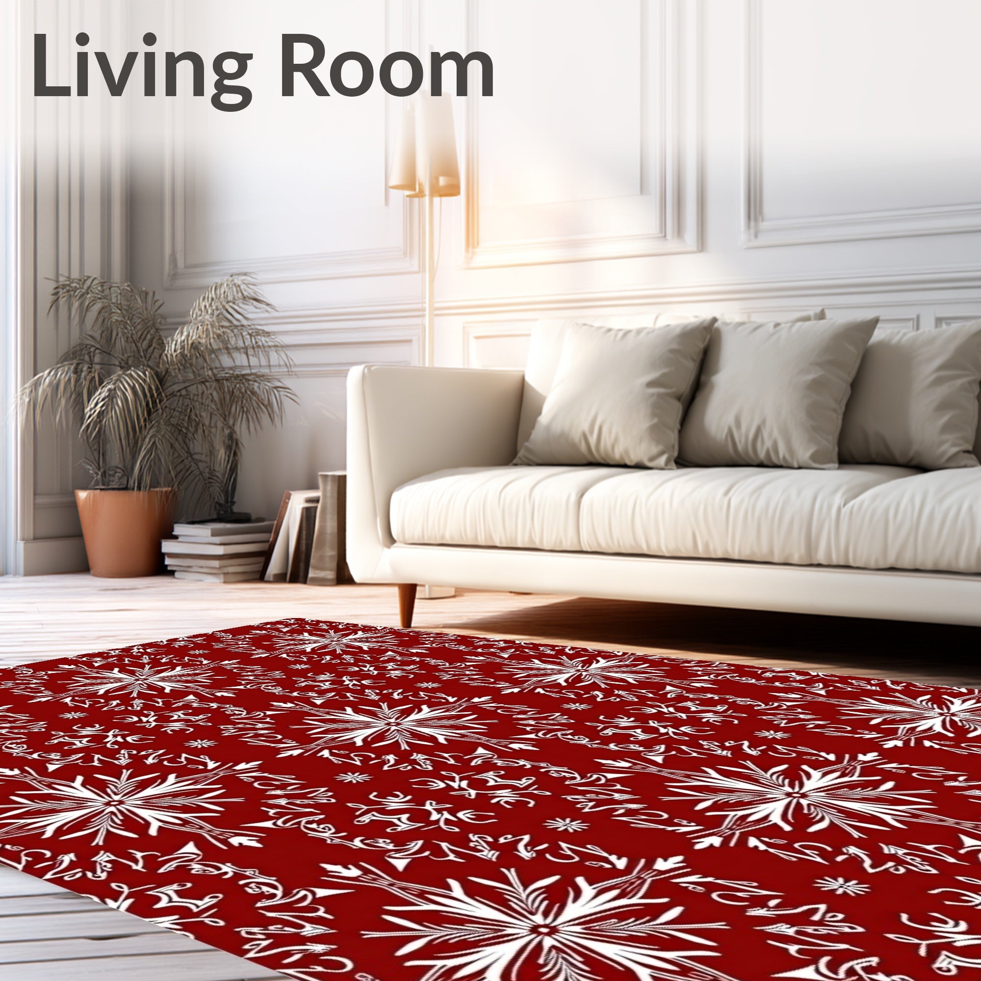 Intricate White Snowflake Red Design Rug