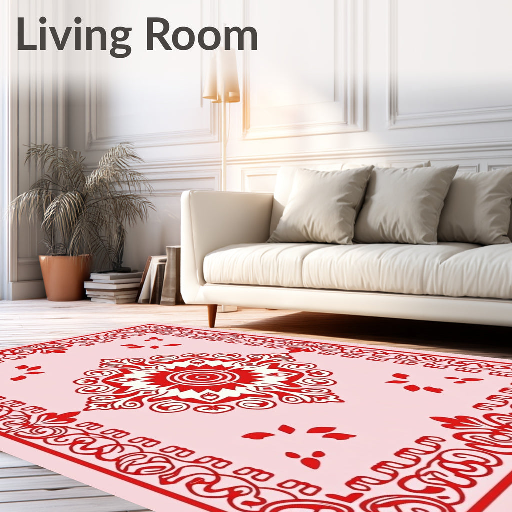 Red Scrollwork Central Floral Pattern Rug