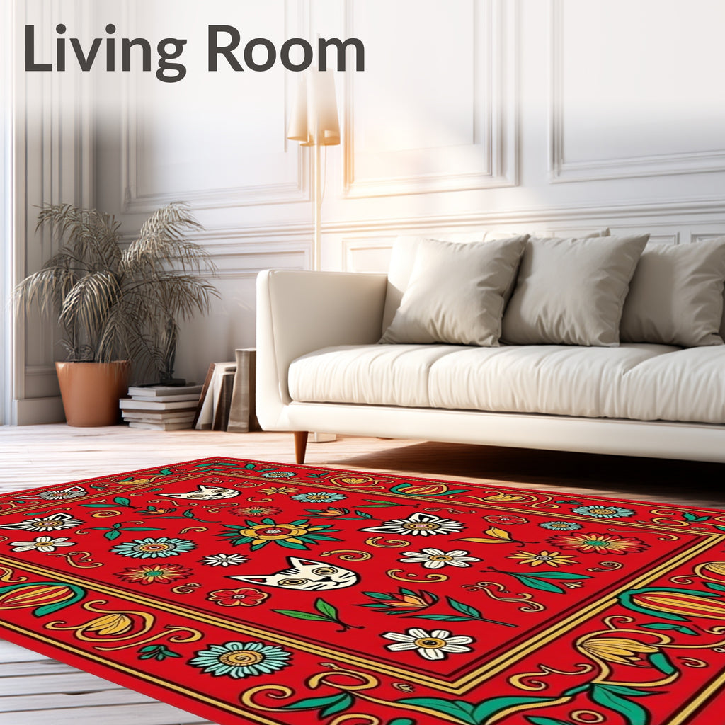 Playful Cat Floral Border Design Rug