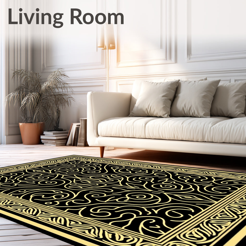 Intricate Black and Gold Floral Scroll Rug