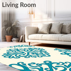 Teal Damask Flourish Pattern Rug