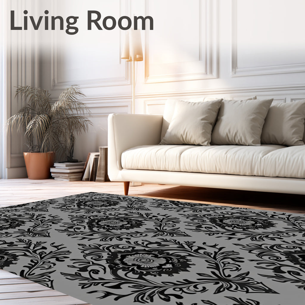 Black Gray Damask Floral Pattern Rug