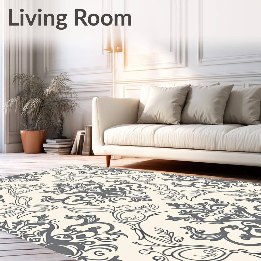 Grey Ivory Classic Floral Damask Rug