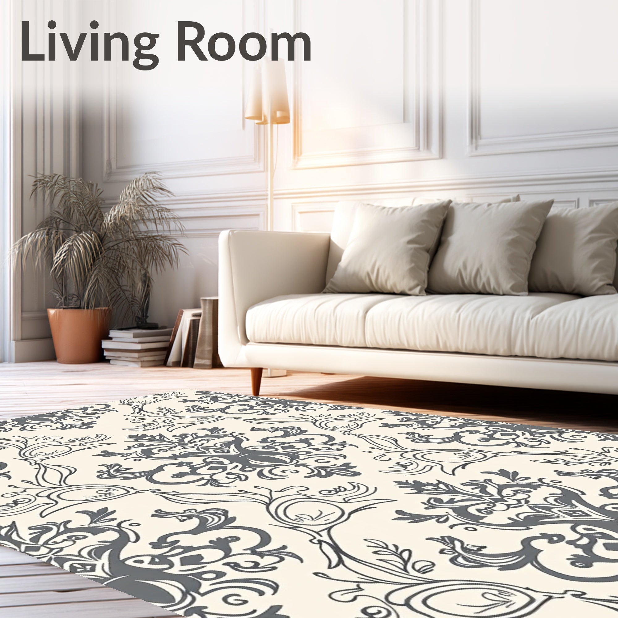 Grey Ivory Classic Floral Damask Rug