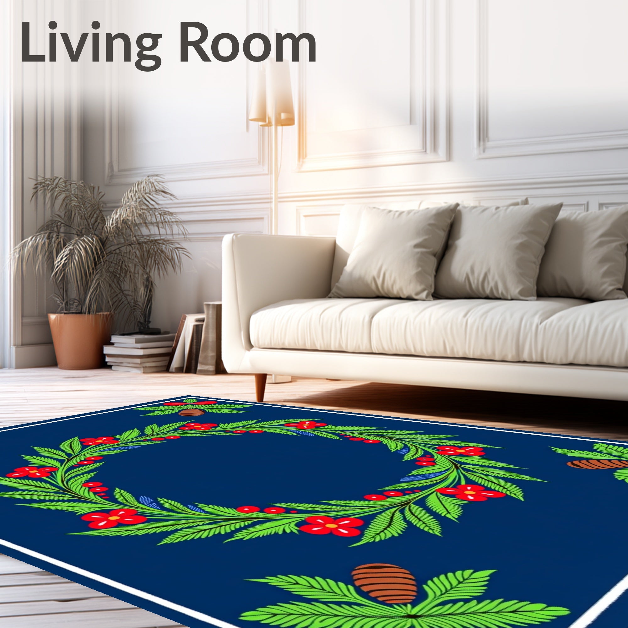 Bold Blue Red Floral Pinecone Wreath Rug