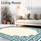 Ornate Teal Floral Border Design Rug