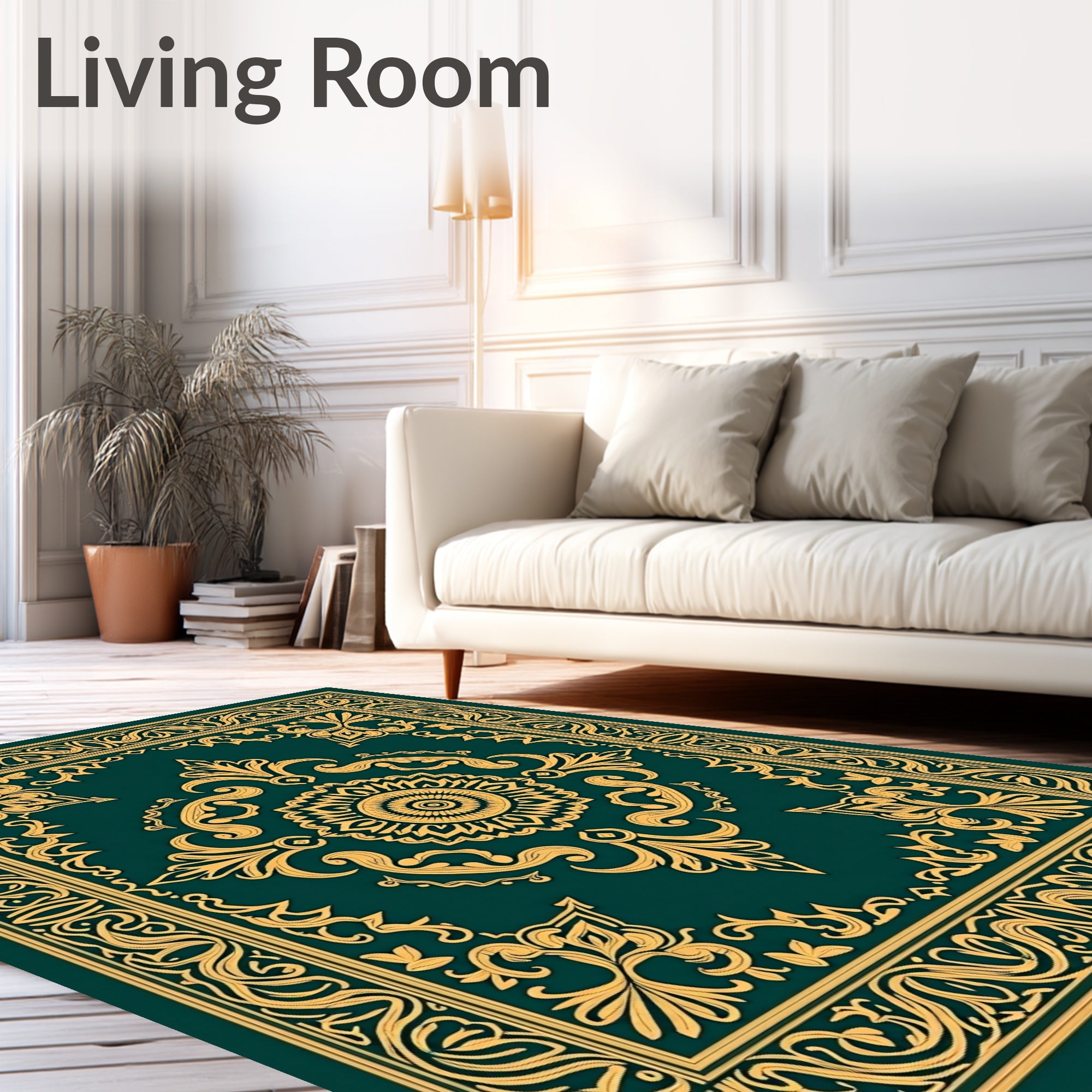 Emerald Green Golden Medallion Scroll Rug