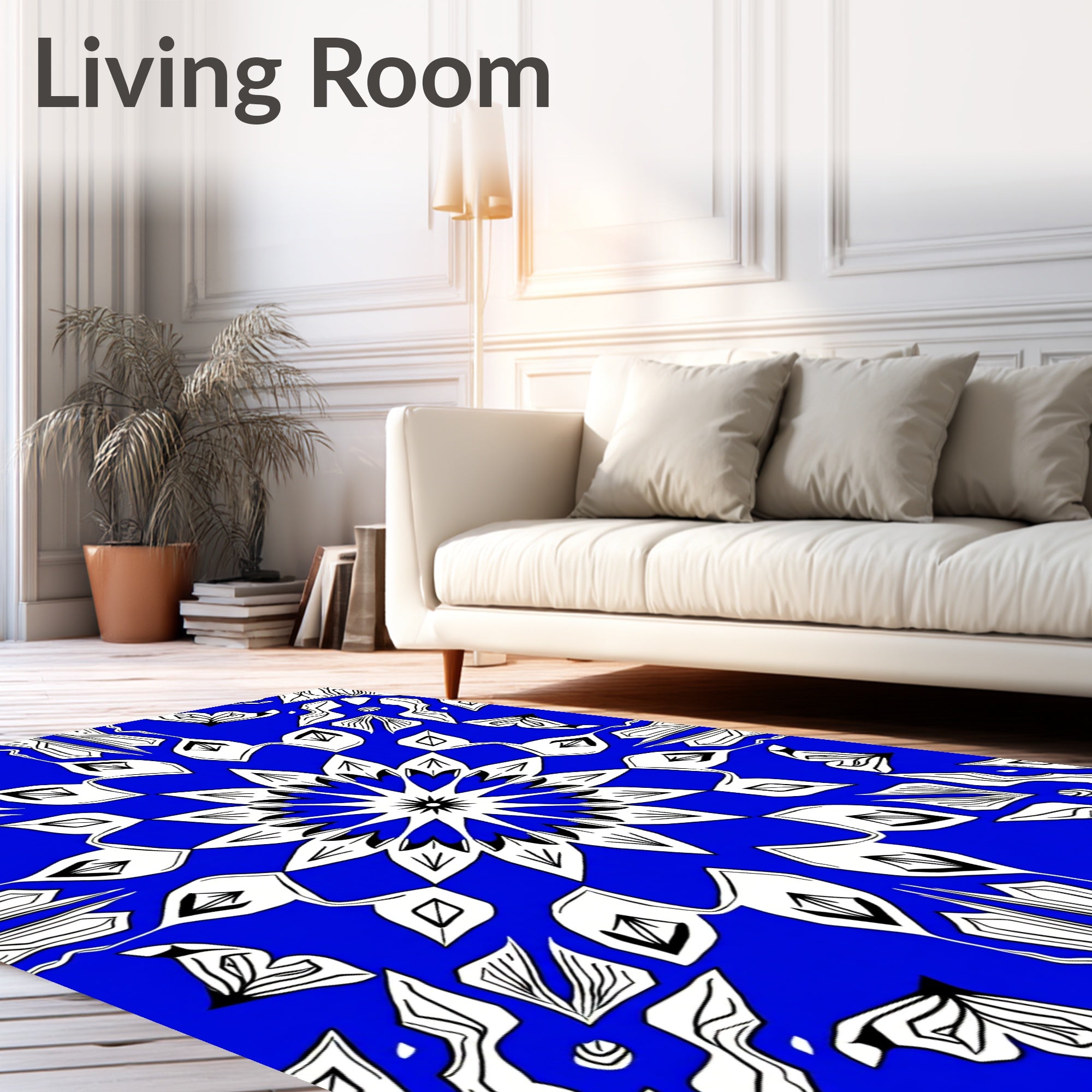 Bold Blue White Floral Mandala Pattern Rug
