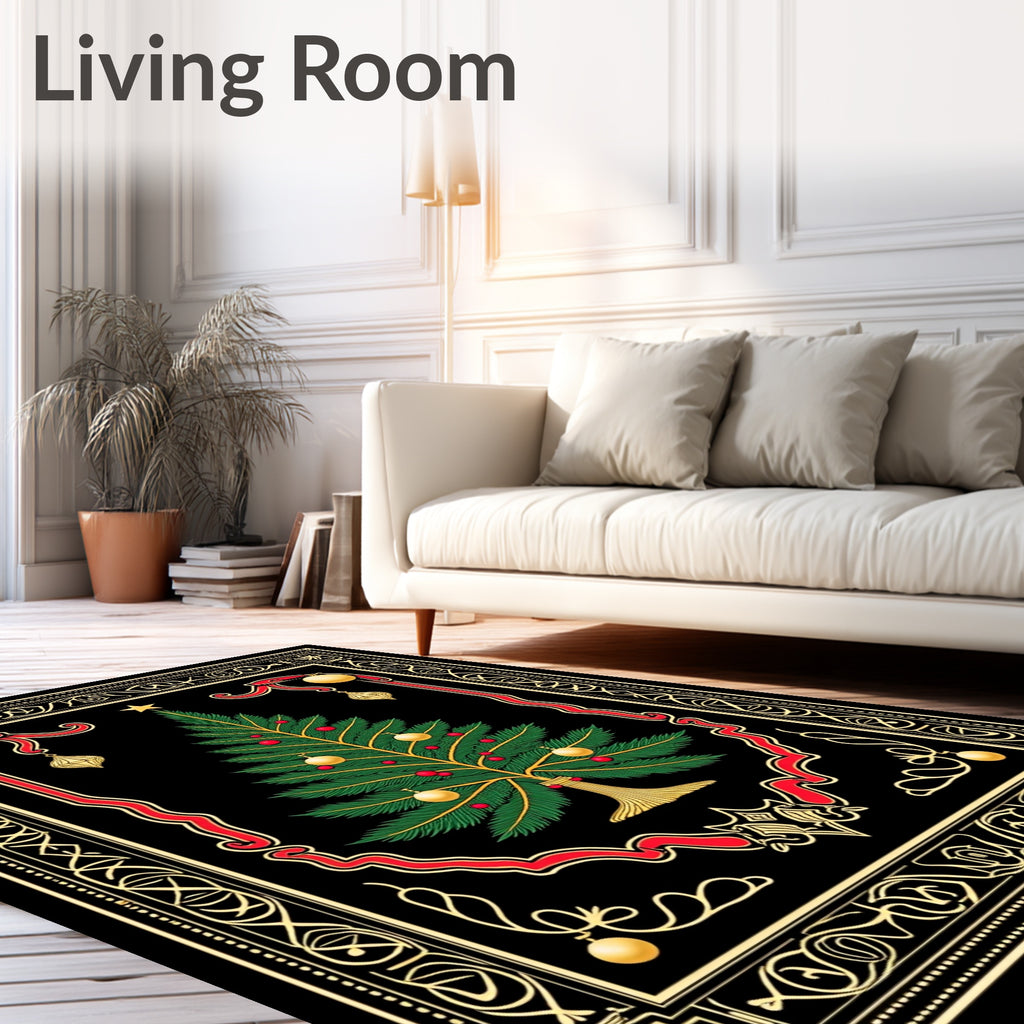Festive Evergreen Tree Ornate Border Rug