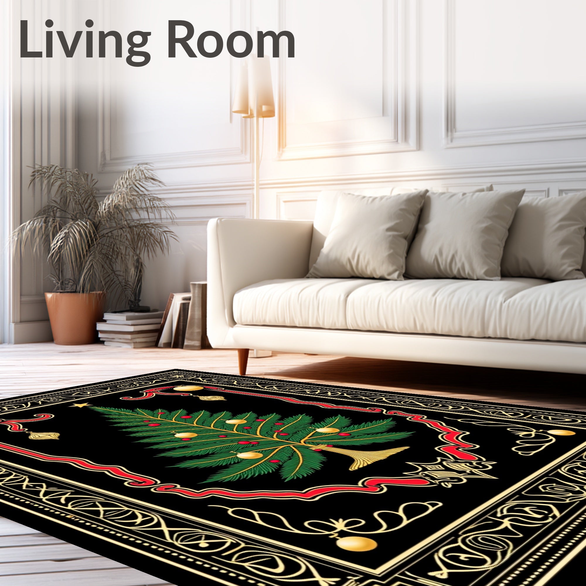 Festive Evergreen Tree Ornate Border Rug