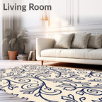 Elegant Navy Swirl Floral Foliage Design Rug