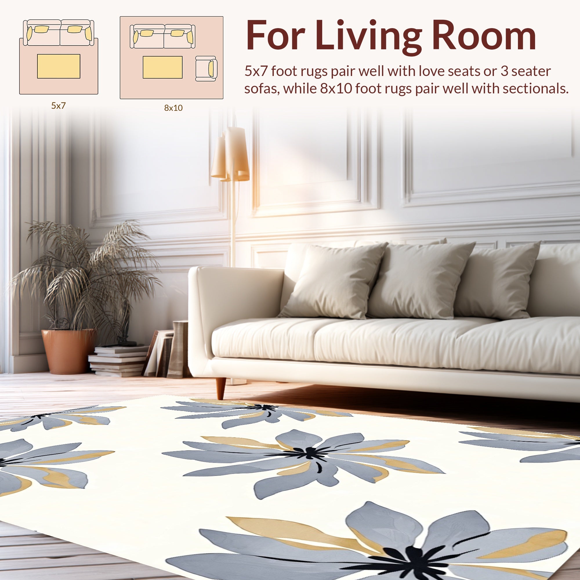 Stylized Gray Gold Floral Pattern Rug