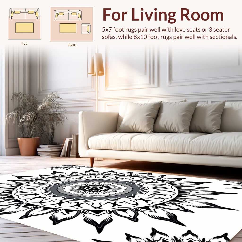 Monochromatic Mandala Sunburst Pattern Design Rug