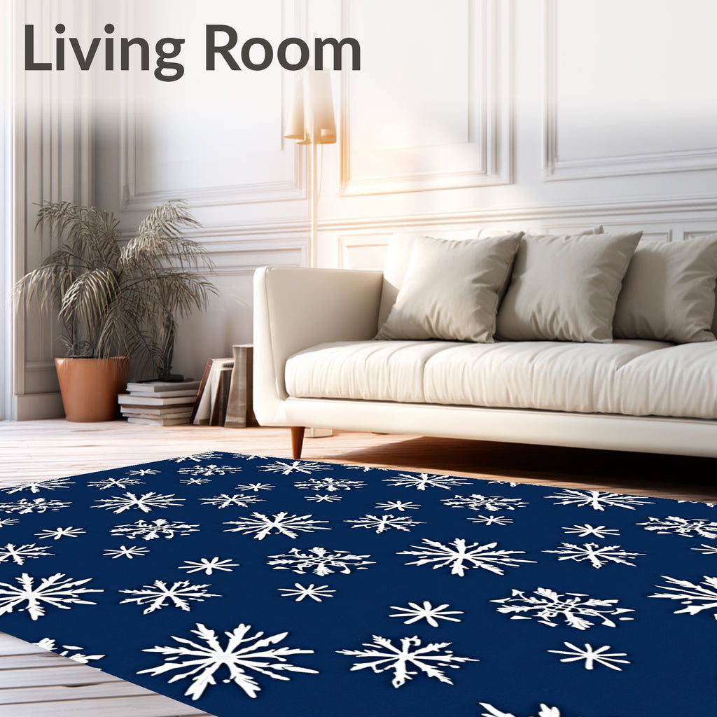 White Snowflakes Patterned Blue Rug