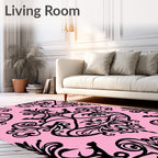 Pink Black Damask Floral Pattern Rug