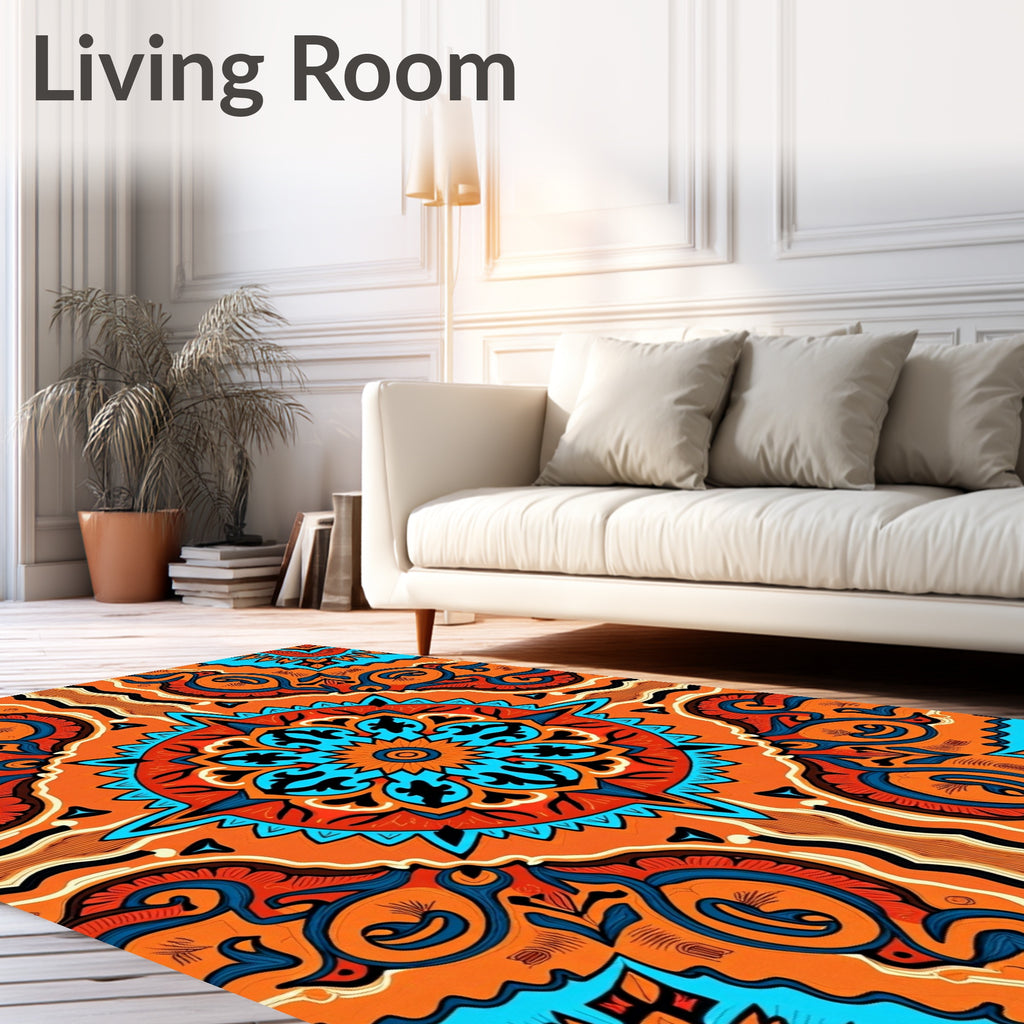 Vibrant Orange Blue Mandala Design Rug
