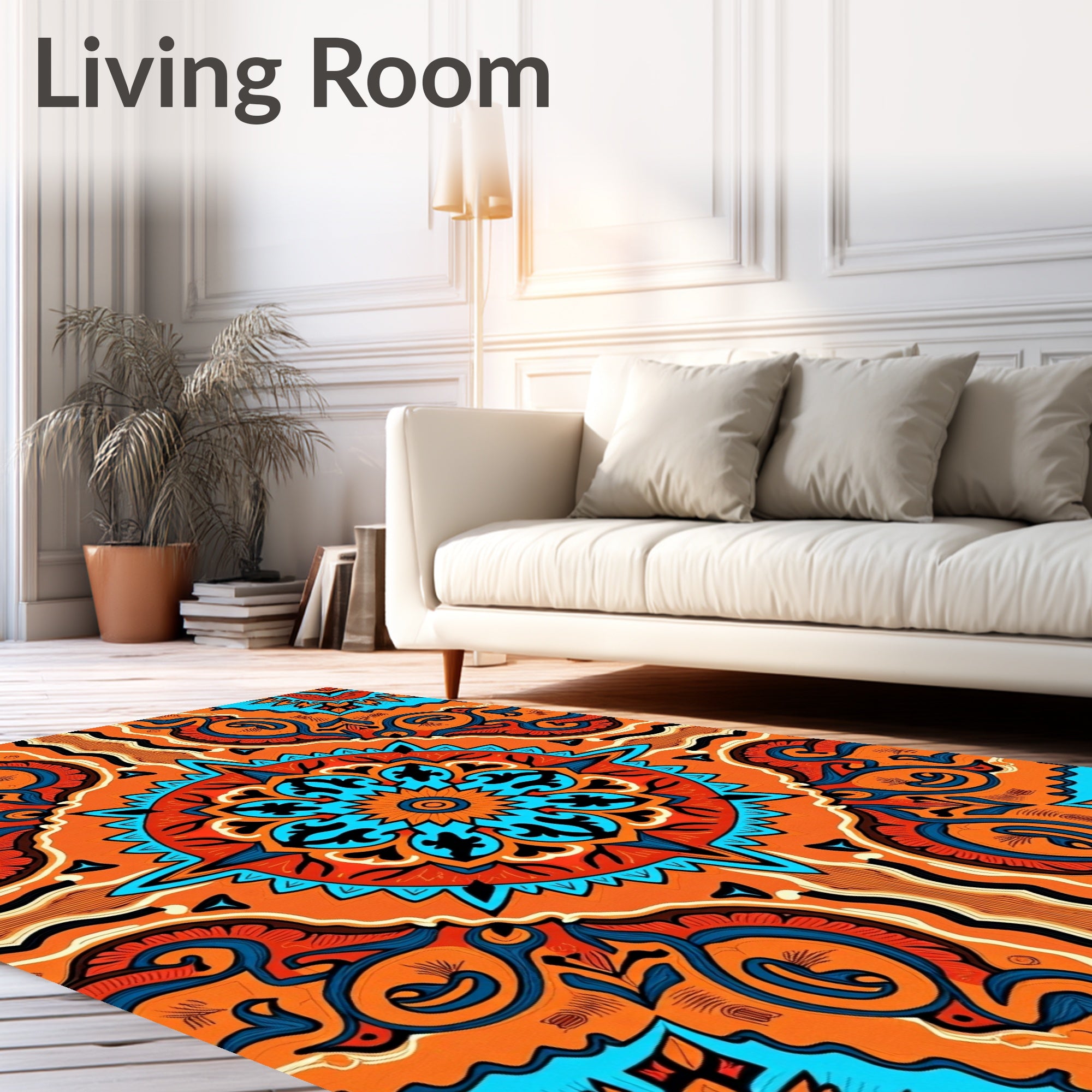 Vibrant Orange Blue Mandala Design Rug