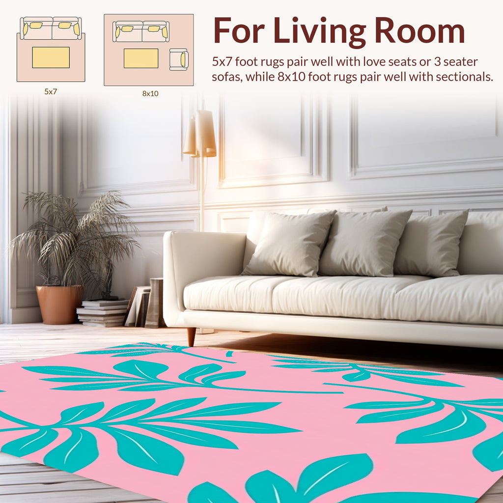 Teal Leaf Pattern With Pink Background Rug