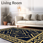 Elegant Golden Navy Abstract Floral Border Rug