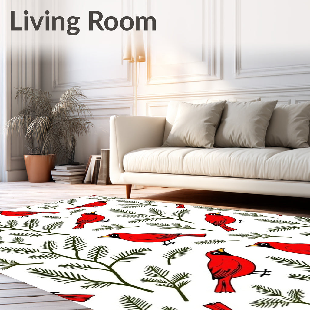 Red Cardinals Green Pine Branches Pattern Rug