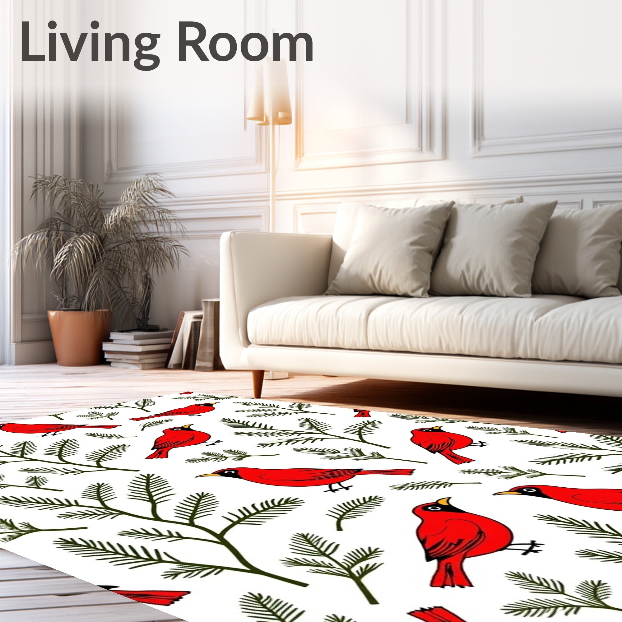 Red Cardinals Green Pine Branches Pattern Rug