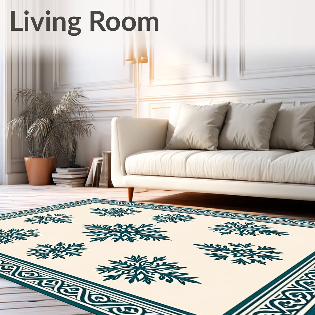 Dark Teal Snowflake Patterned Bordered Rug