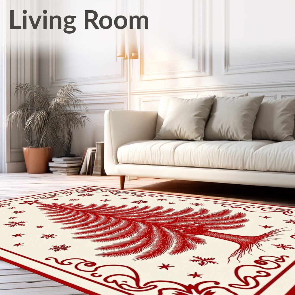 Traditional Red Christmas Tree Snowflake Rug