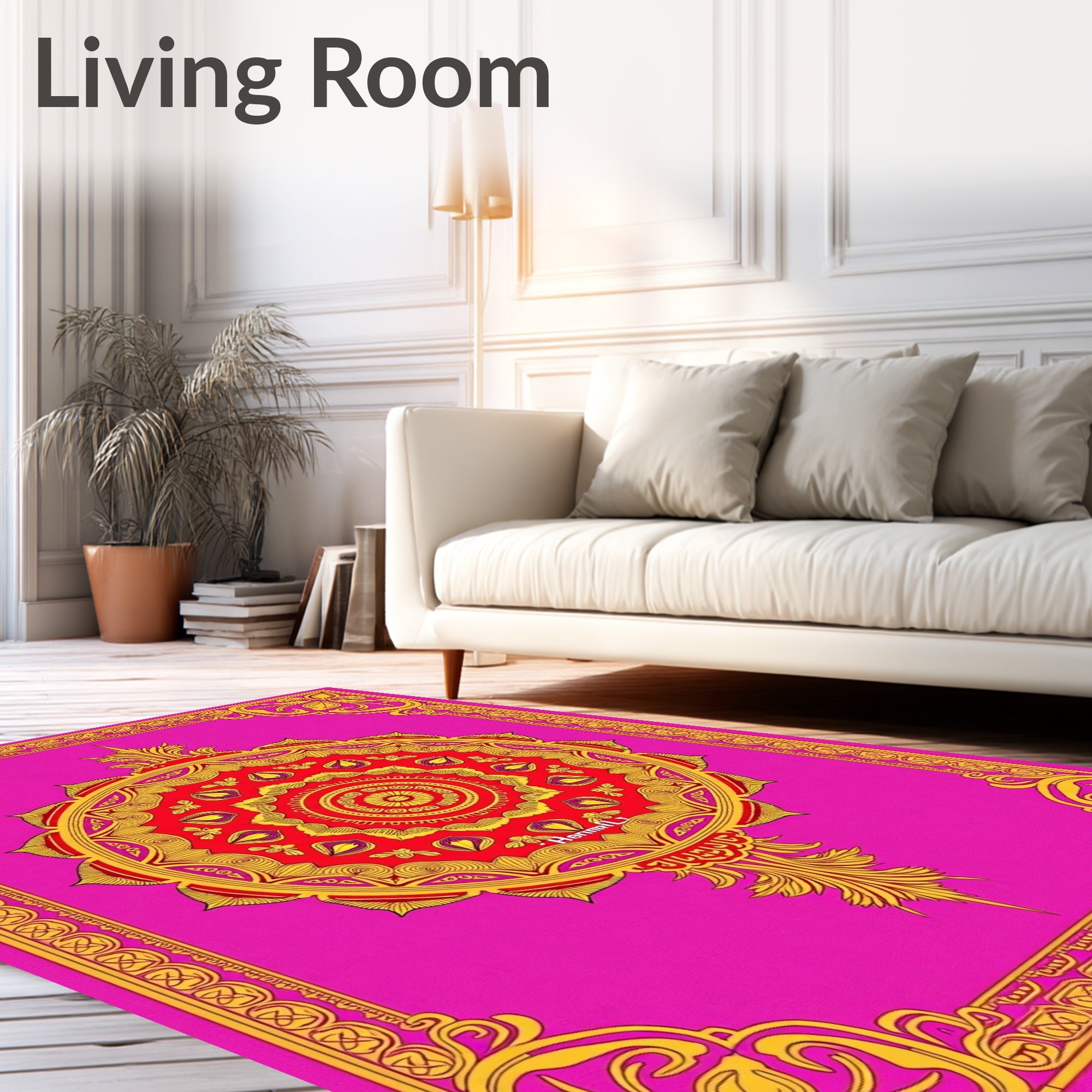 Vibrant Red Gold Mandala Border Design Rug