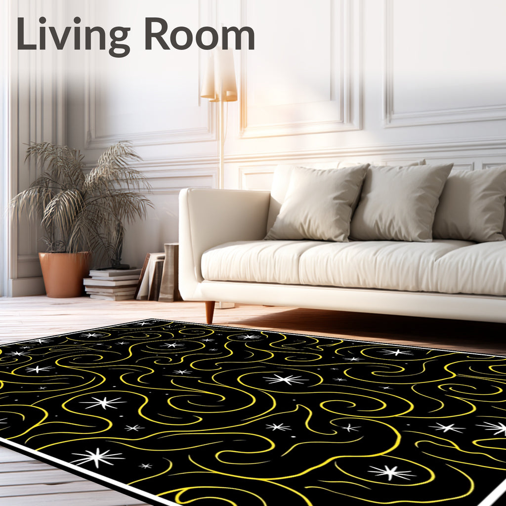 Black Yellow Swirling Starry Night Rug