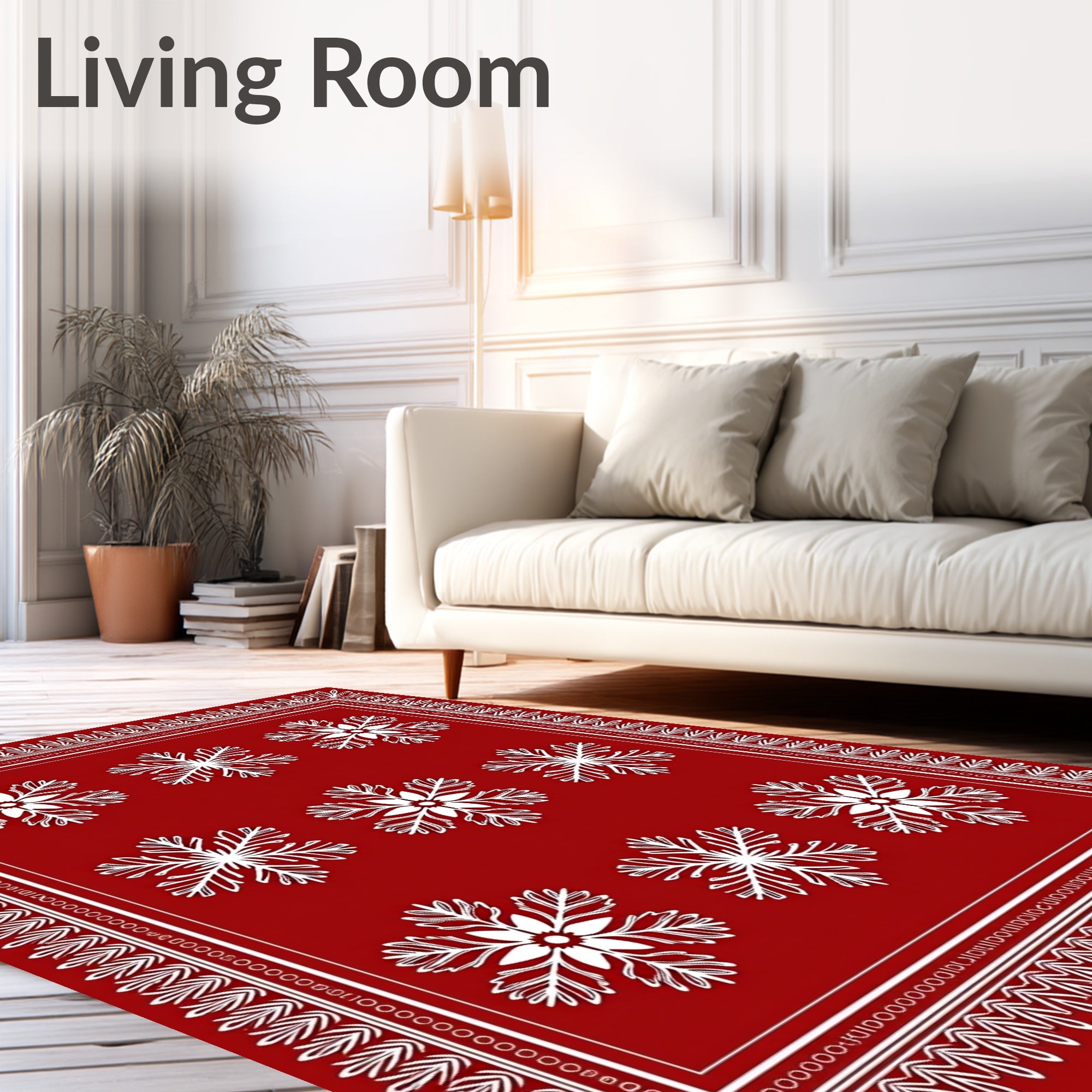 Red White Snowflake Medallion Border Rug