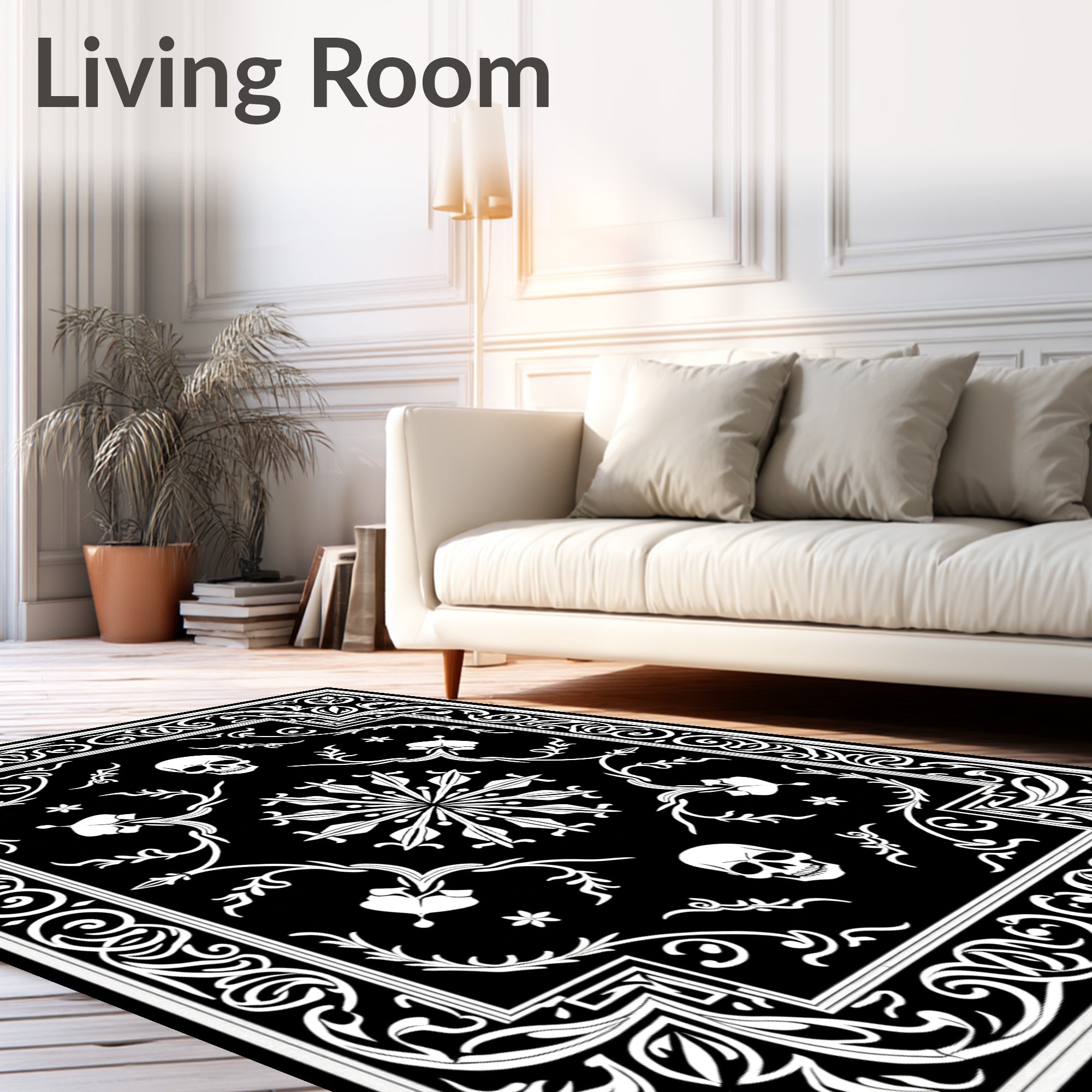 Gothic Black White Skull Detailed Rug